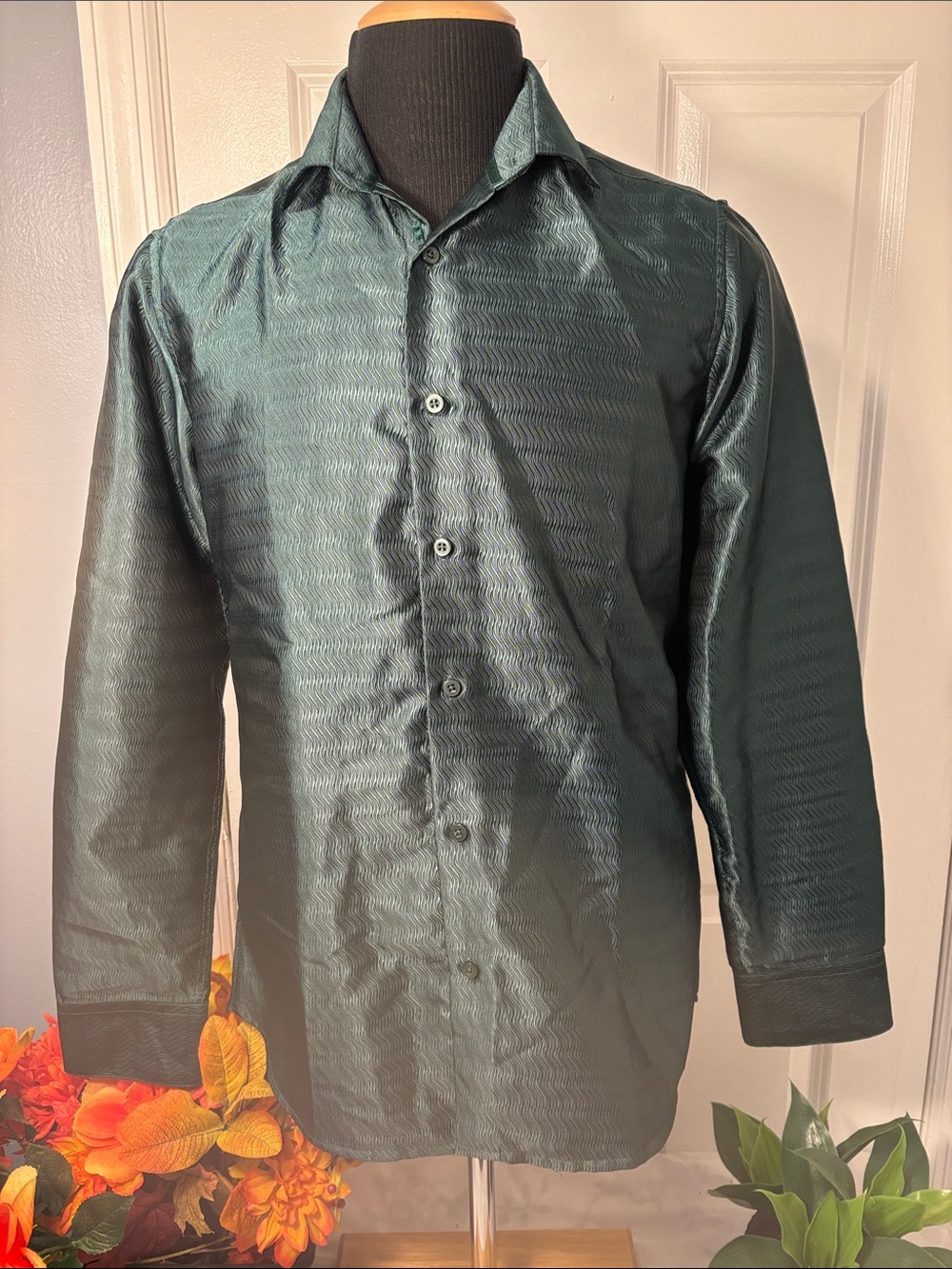 Barry Wang Men’s Medium Teal Green Silk Blend Long Sleeve Dress Shirt. - Picture 2 of 12